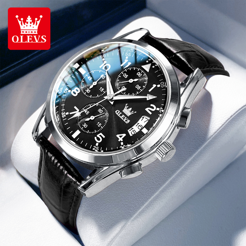 Leather Watch Band Men - OLEVS クォーツ時計男性用オリジナルレザーストラップ日付表示防水発光ビジネスカジュアルクォーツメンズ腕時計トップブランド