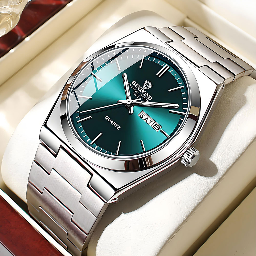 Seiko Watch 5 Sports - BINBOND 本物のメンズ腕時計ライト高級ステンレス鋼ダブルカレンダー防水男性ビジネスファッションクォーツ時計腕時計