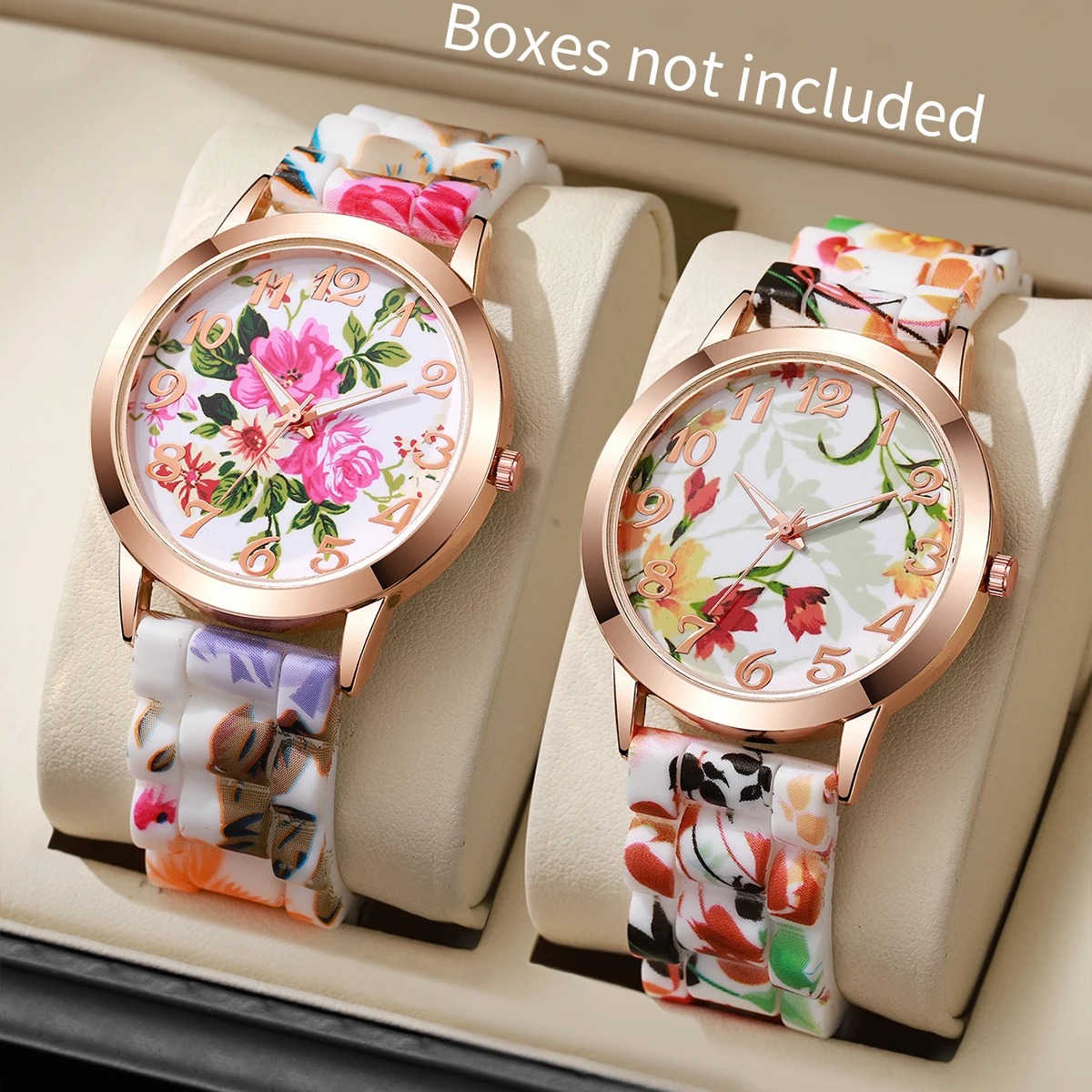 2 個ファッションフラワープリント女性用腕時計カジュアルシリ - Silicone Band Women のレビューと価格