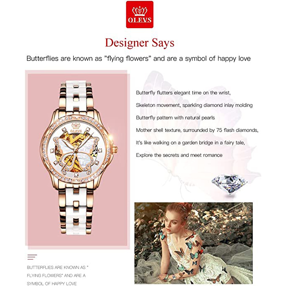 Olevs-女性用の自動スケルトン,機械式,エレガント,蝶の - Butterfly Clasp Deployant のレビューと価格